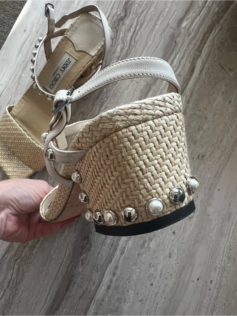 Jimmy Choo Cream Woven Raffia Sandals with Silver Studded Ankle Strap - Picture 5 of 10